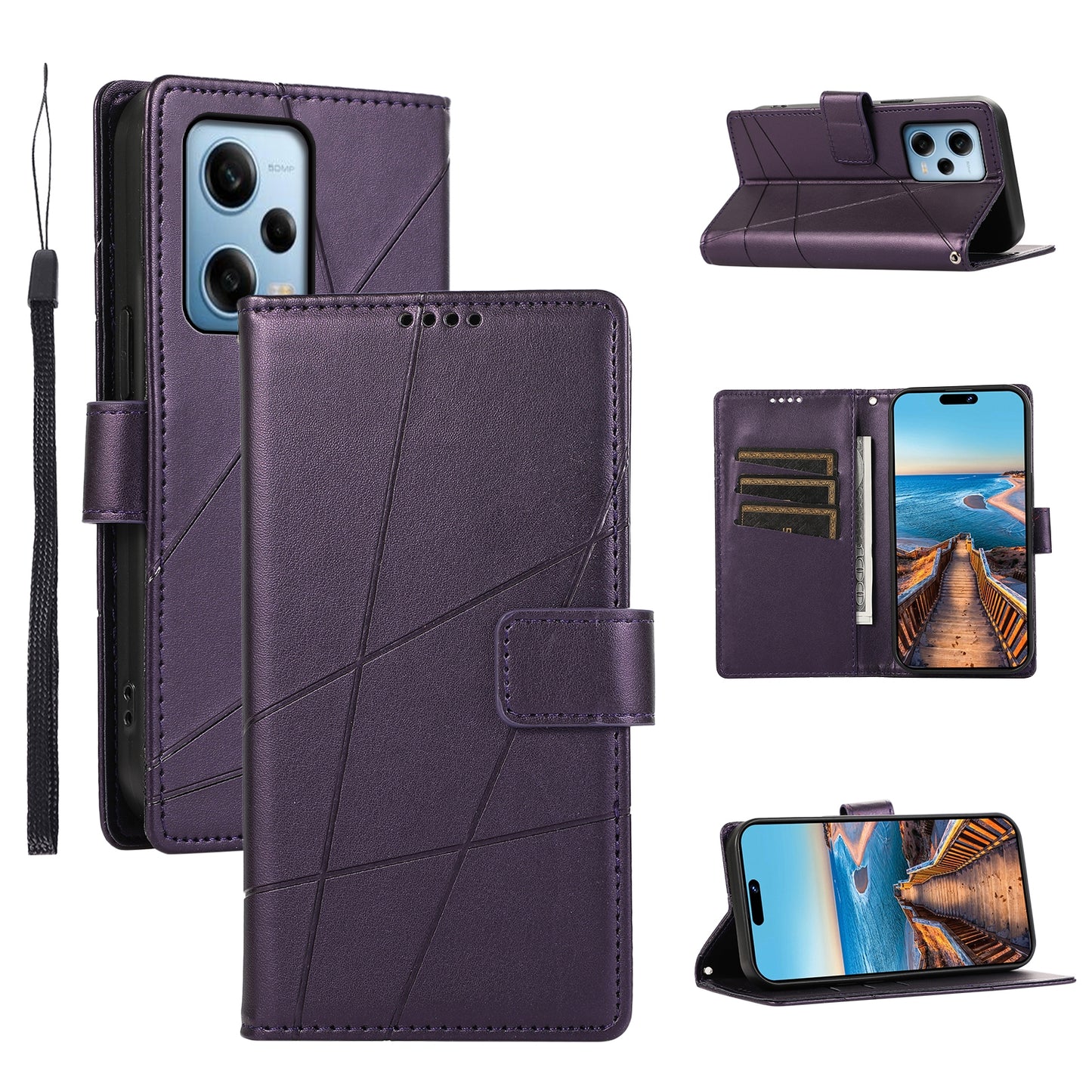 Xiaomi Redmi Note 12 Pro 5G PU Genuine Leather Texture Embossed Line Phone Case with Card Wallet, Kickstand & Wrist Strap