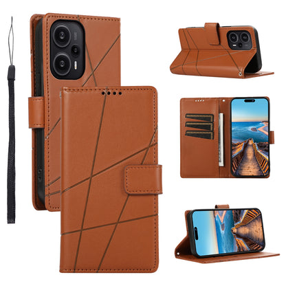 Xiaomi Redmi Note 12 PU Genuine Leather Texture Embossed Line Phone Case with Card Wallet, Kickstand & Wrist Strap