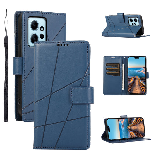 Xiaomi Redmi Note 12 4G PU Genuine Leather Texture Embossed Line Phone Case with Card Wallet, Kickstand & Wrist Strap