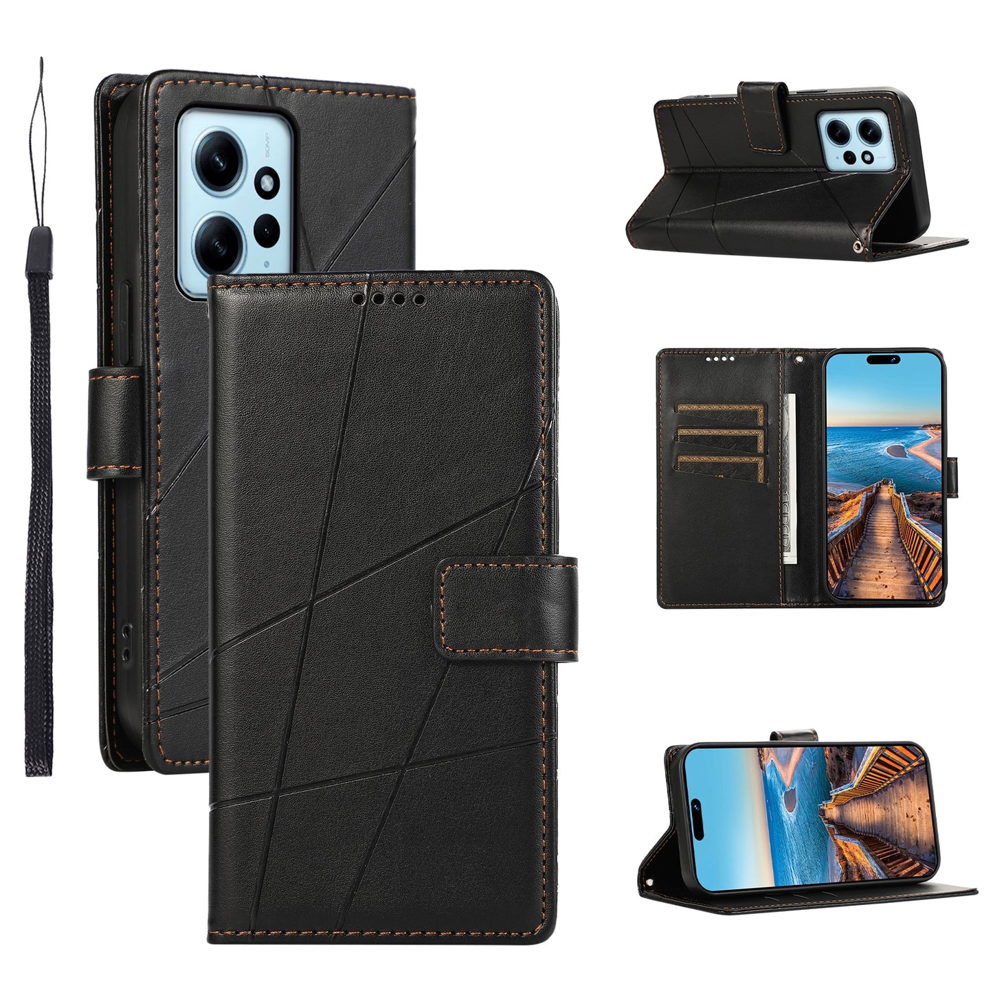 Xiaomi Redmi Note 12 4G PU Genuine Leather Texture Embossed Line Phone Case with Card Wallet, Kickstand & Wrist Strap