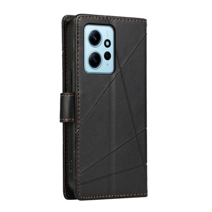 Xiaomi Redmi Note 12 4G PU Genuine Leather Texture Embossed Line Phone Case with Card Wallet, Kickstand & Wrist Strap