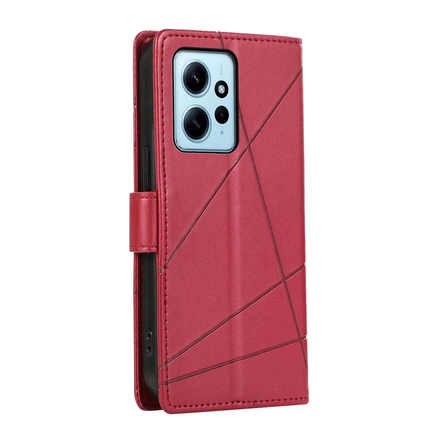 Xiaomi Redmi Note 12 4G PU Genuine Leather Texture Embossed Line Phone Case with Card Wallet, Kickstand & Wrist Strap