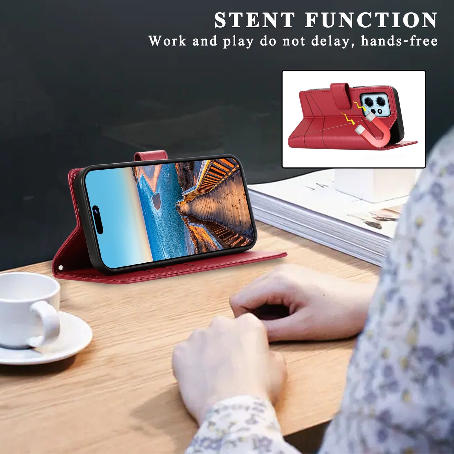 Xiaomi Redmi Note 12 4G PU Genuine Leather Texture Embossed Line Phone Case with Card Wallet, Kickstand & Wrist Strap