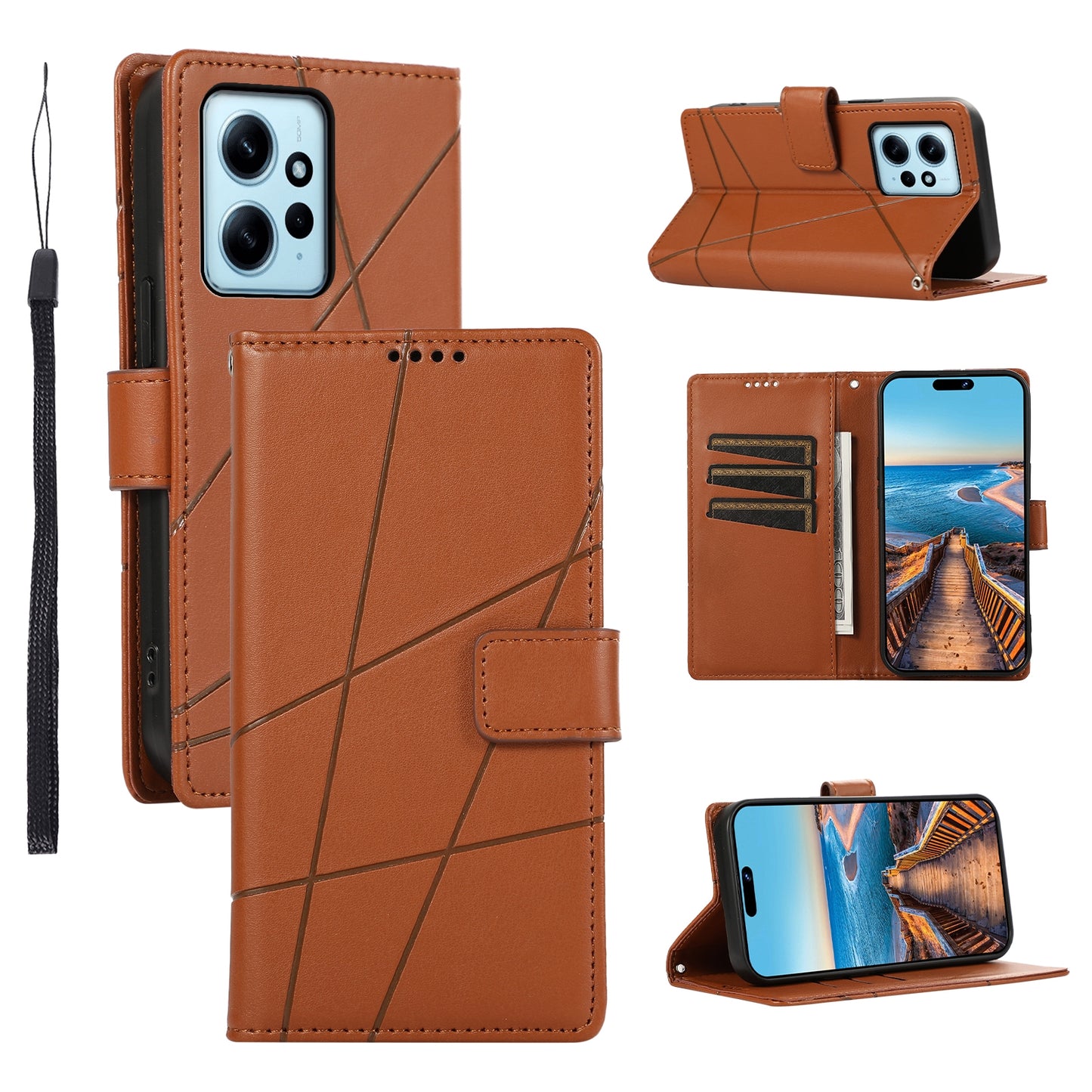 Xiaomi Redmi Note 12 4G PU Genuine Leather Texture Embossed Line Phone Case with Card Wallet, Kickstand & Wrist Strap