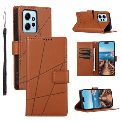 Xiaomi Redmi Note 12 4G PU Genuine Leather Texture Embossed Line Phone Case with Card Wallet, Kickstand & Wrist Strap