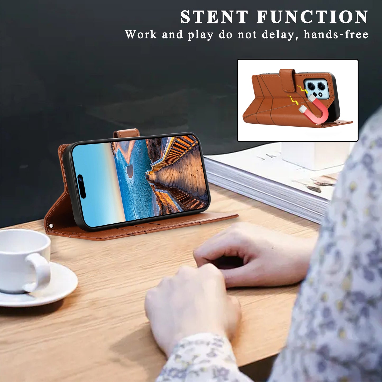 Xiaomi Redmi Note 12 4G PU Genuine Leather Texture Embossed Line Phone Case with Card Wallet, Kickstand & Wrist Strap
