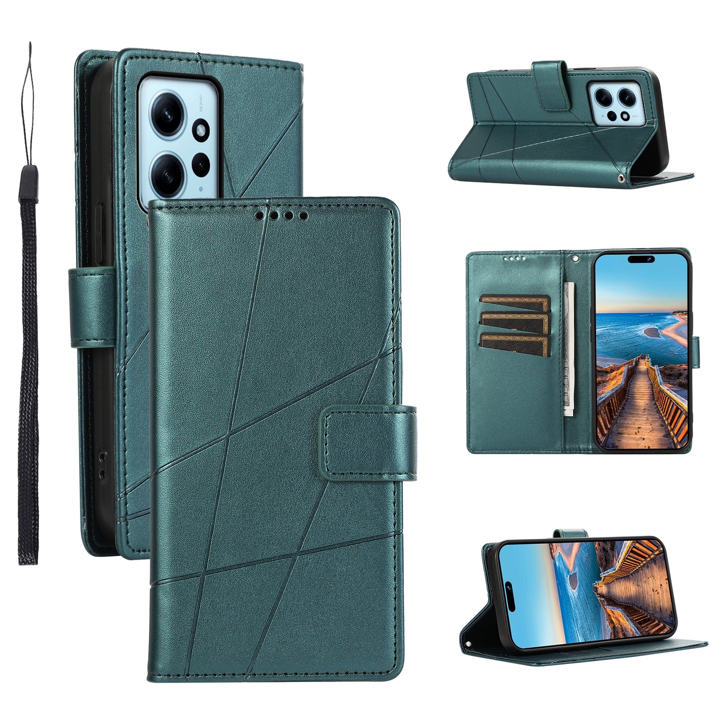 Xiaomi Redmi Note 12 4G PU Genuine Leather Texture Embossed Line Phone Case with Card Wallet, Kickstand & Wrist Strap