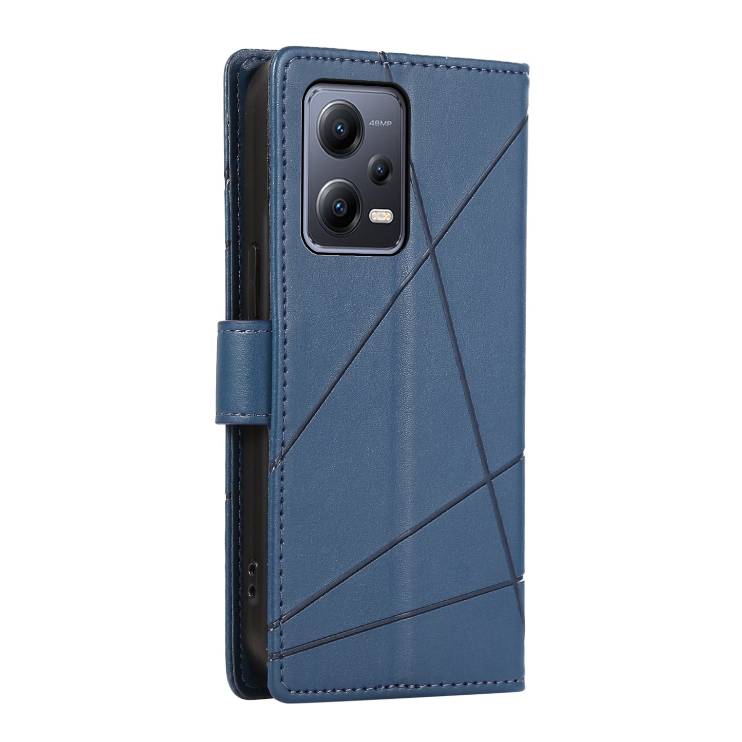 Xiaomi Redmi Note 12 5G PU Genuine Leather Texture Embossed Line Phone Case with Card Wallet, Kickstand & Wrist Strap