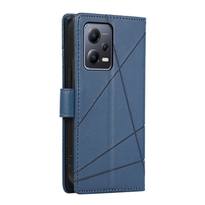 Xiaomi Redmi Note 12 5G PU Genuine Leather Texture Embossed Line Phone Case with Card Wallet, Kickstand & Wrist Strap