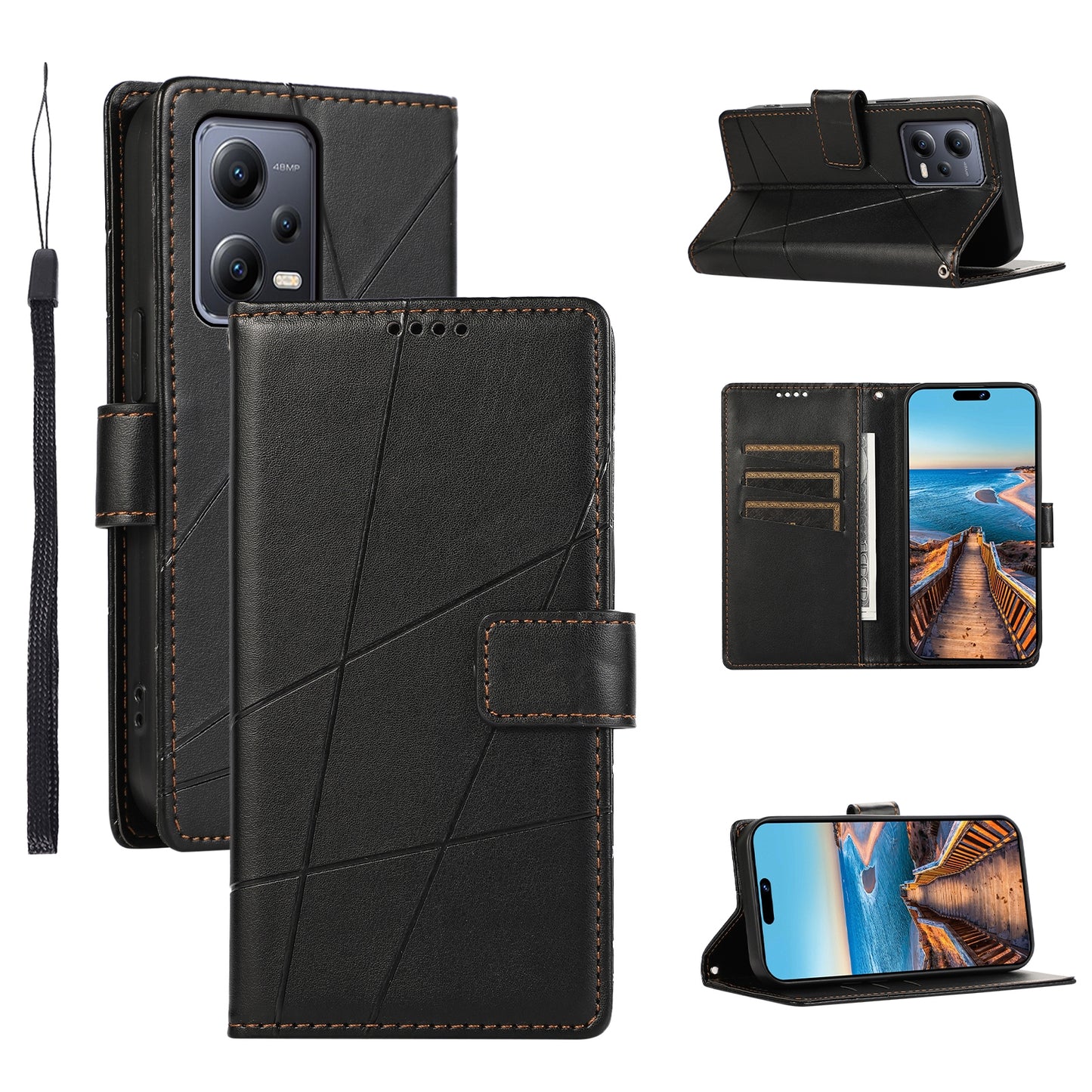 Xiaomi Redmi Note 12 5G PU Genuine Leather Texture Embossed Line Phone Case with Card Wallet, Kickstand & Wrist Strap