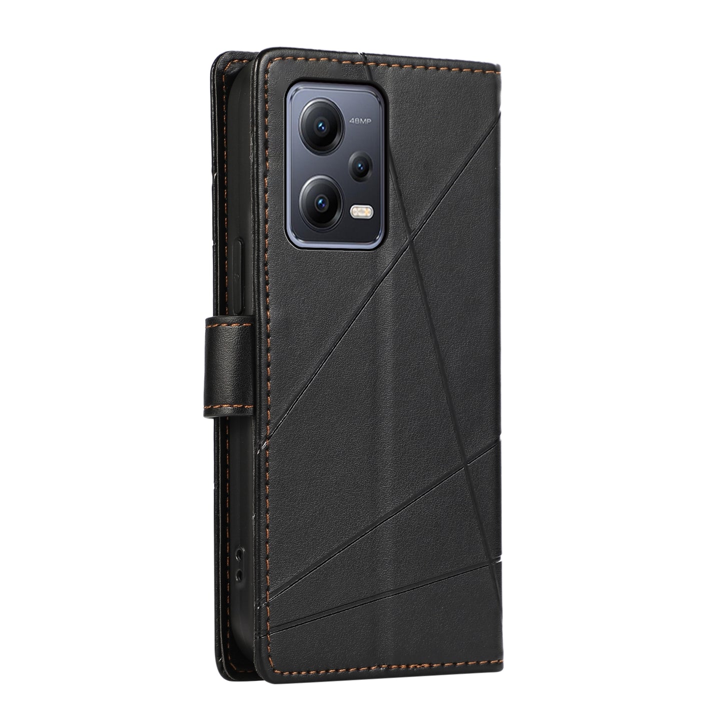 Xiaomi Redmi Note 12 5G PU Genuine Leather Texture Embossed Line Phone Case with Card Wallet, Kickstand & Wrist Strap
