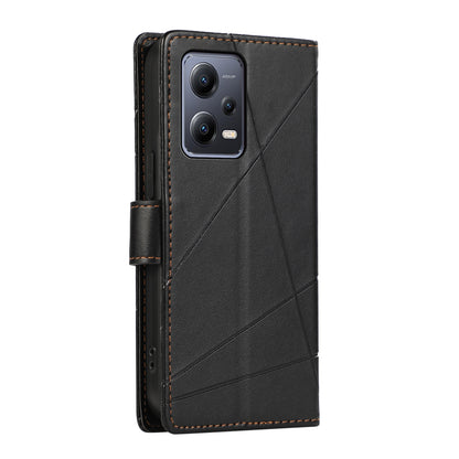 Xiaomi Redmi Note 12 5G PU Genuine Leather Texture Embossed Line Phone Case with Card Wallet, Kickstand & Wrist Strap