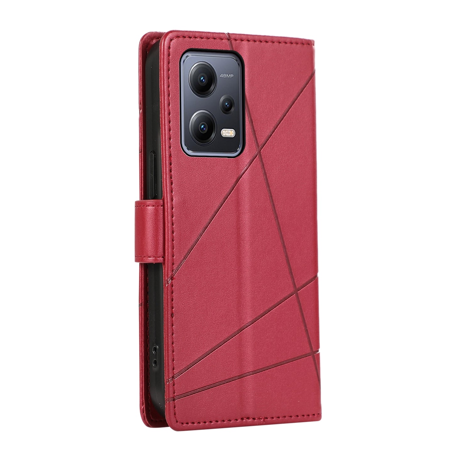 Xiaomi Redmi Note 12 5G PU Genuine Leather Texture Embossed Line Phone Case with Card Wallet, Kickstand & Wrist Strap