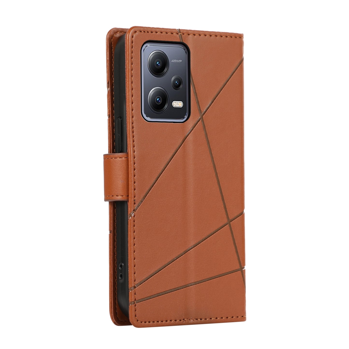 Xiaomi Redmi Note 12 5G PU Genuine Leather Texture Embossed Line Phone Case with Card Wallet, Kickstand & Wrist Strap