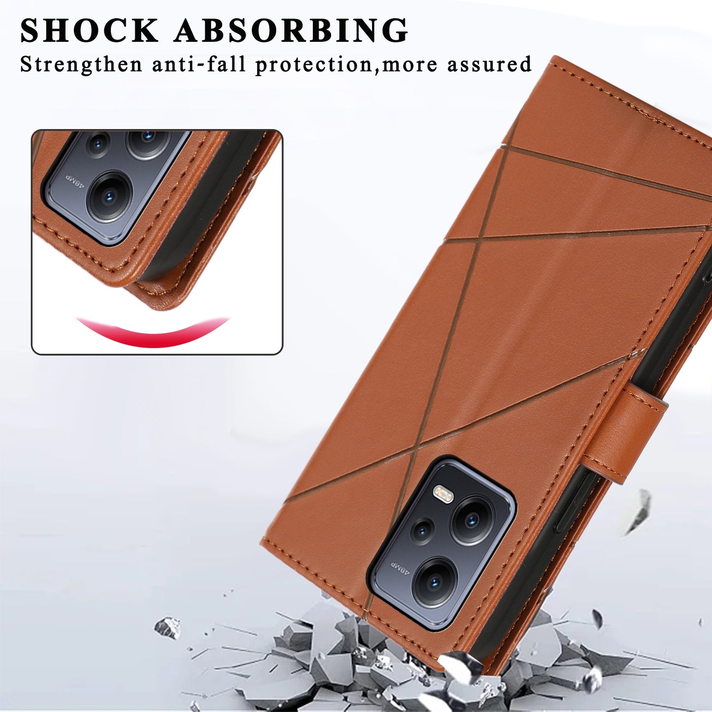 Xiaomi Redmi Note 12 5G PU Genuine Leather Texture Embossed Line Phone Case with Card Wallet, Kickstand & Wrist Strap