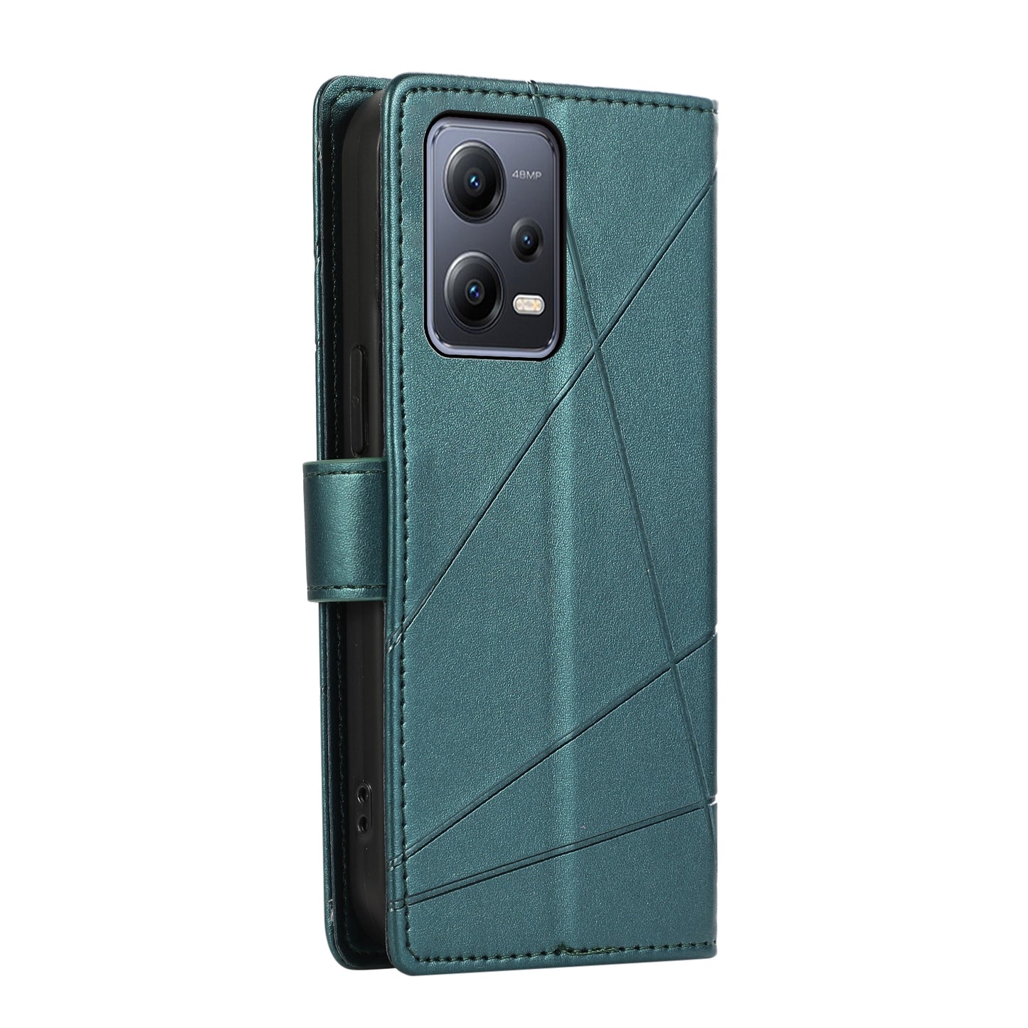 Xiaomi Redmi Note 12 5G PU Genuine Leather Texture Embossed Line Phone Case with Card Wallet, Kickstand & Wrist Strap