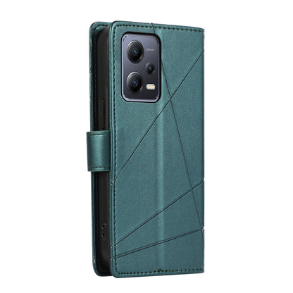 Xiaomi Redmi Note 12 5G PU Genuine Leather Texture Embossed Line Phone Case with Card Wallet, Kickstand & Wrist Strap