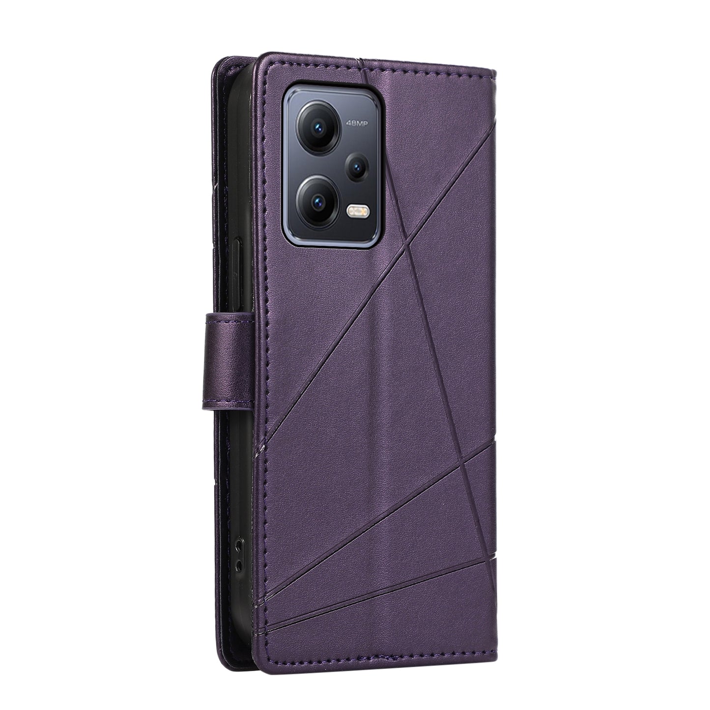 Xiaomi Redmi Note 12 5G PU Genuine Leather Texture Embossed Line Phone Case with Card Wallet, Kickstand & Wrist Strap