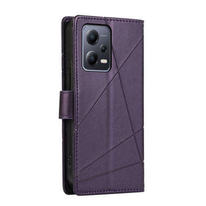 Xiaomi Redmi Note 12 5G PU Genuine Leather Texture Embossed Line Phone Case with Card Wallet, Kickstand & Wrist Strap
