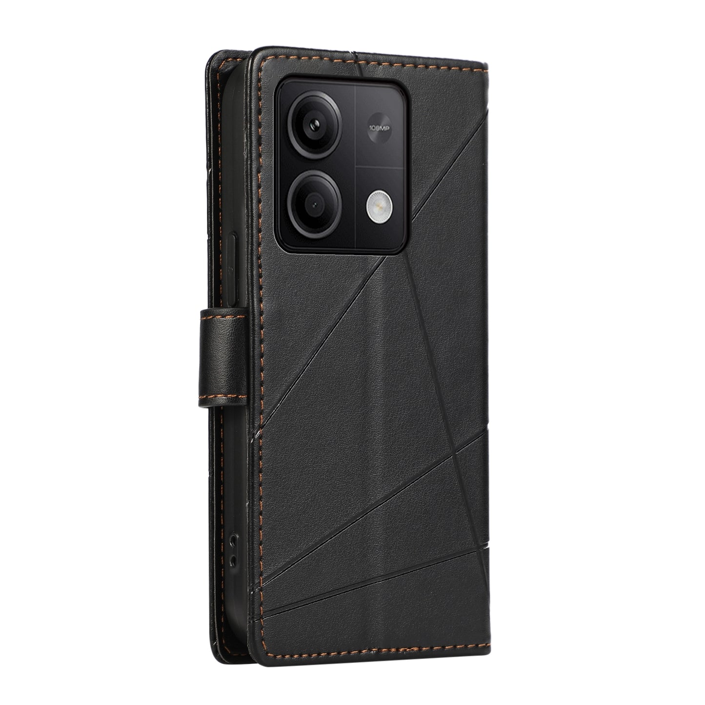Xiaomi Redmi Note 13 5G PU Genuine Leather Texture Embossed Line Phone Case with Card Wallet, Kickstand & Wrist Strap