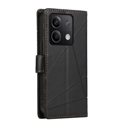 Xiaomi Redmi Note 13 5G PU Genuine Leather Texture Embossed Line Phone Case with Card Wallet, Kickstand & Wrist Strap