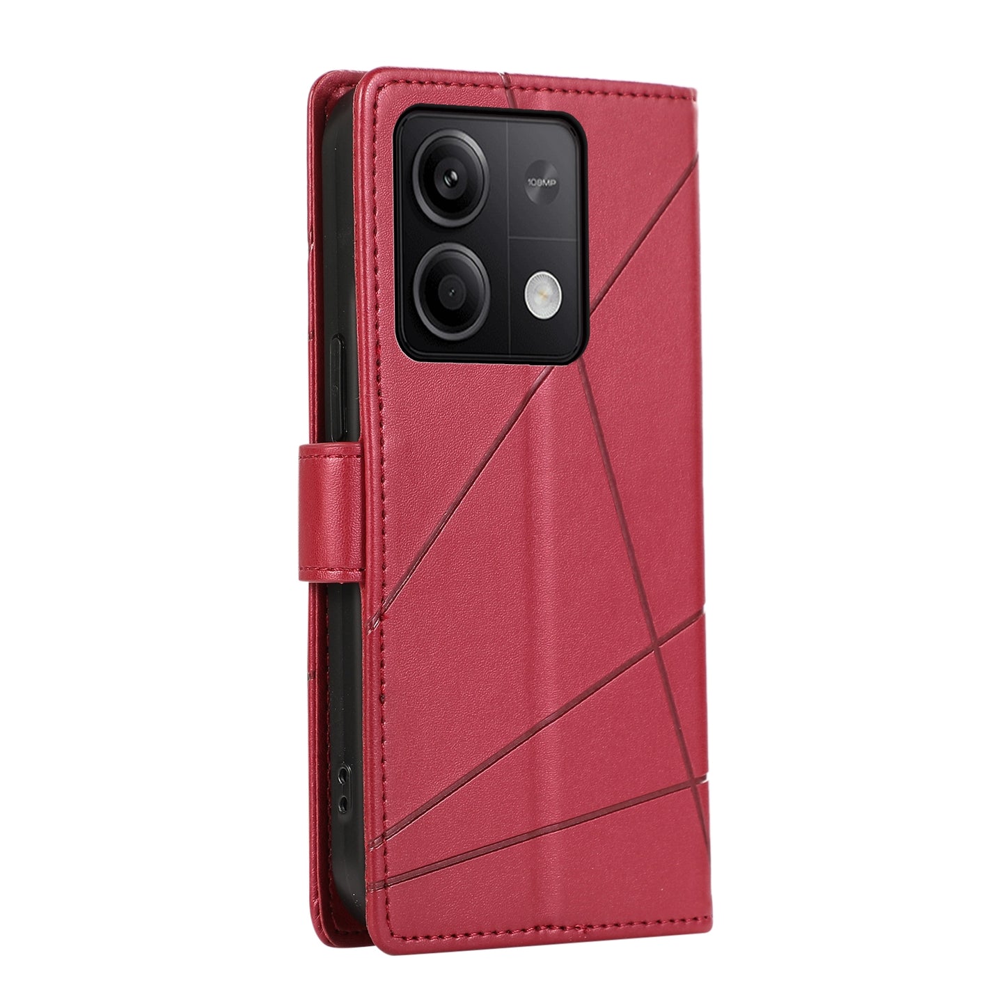 Xiaomi Redmi Note 13 5G PU Genuine Leather Texture Embossed Line Phone Case with Card Wallet, Kickstand & Wrist Strap