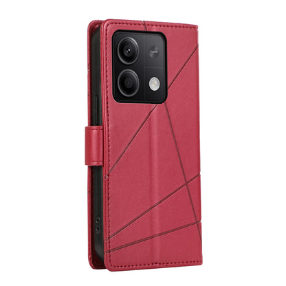 Xiaomi Redmi Note 13 5G PU Genuine Leather Texture Embossed Line Phone Case with Card Wallet, Kickstand & Wrist Strap