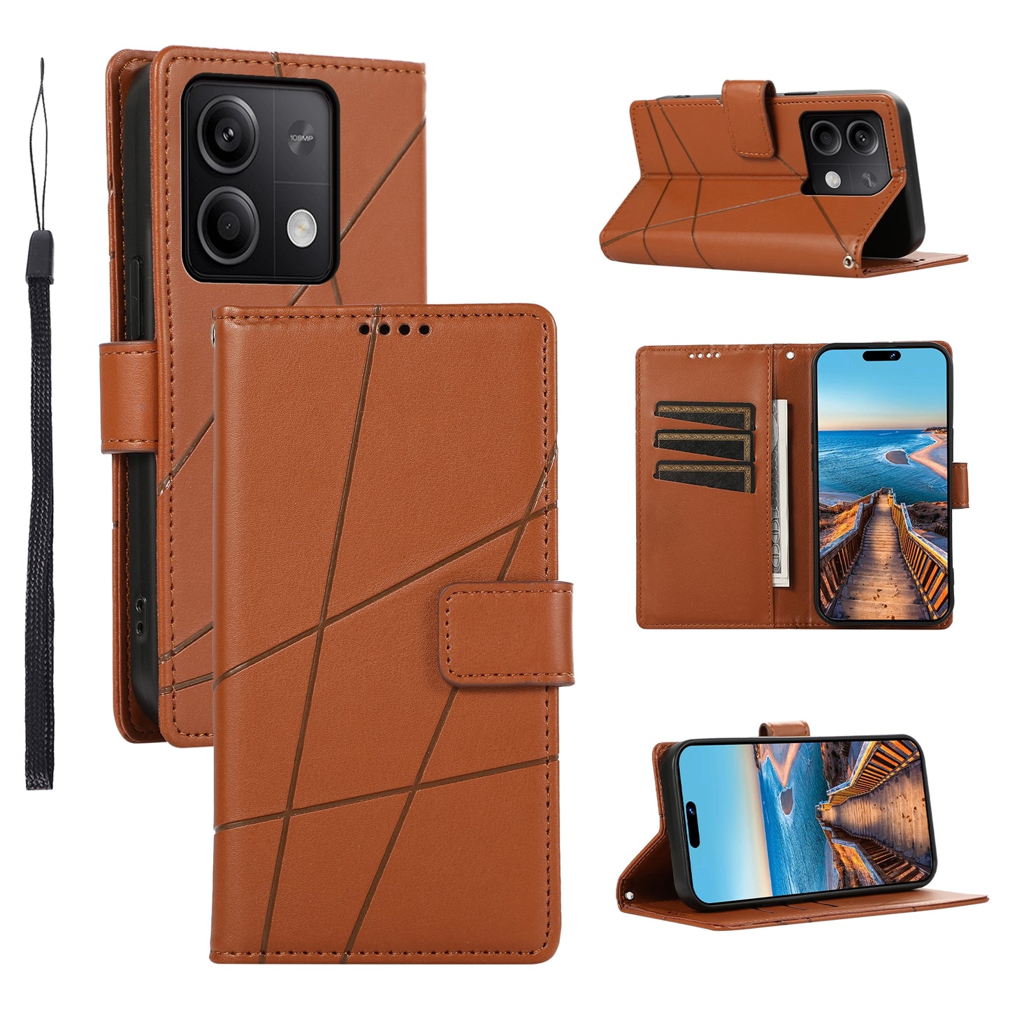 Xiaomi Redmi Note 13 5G PU Genuine Leather Texture Embossed Line Phone Case with Card Wallet, Kickstand & Wrist Strap
