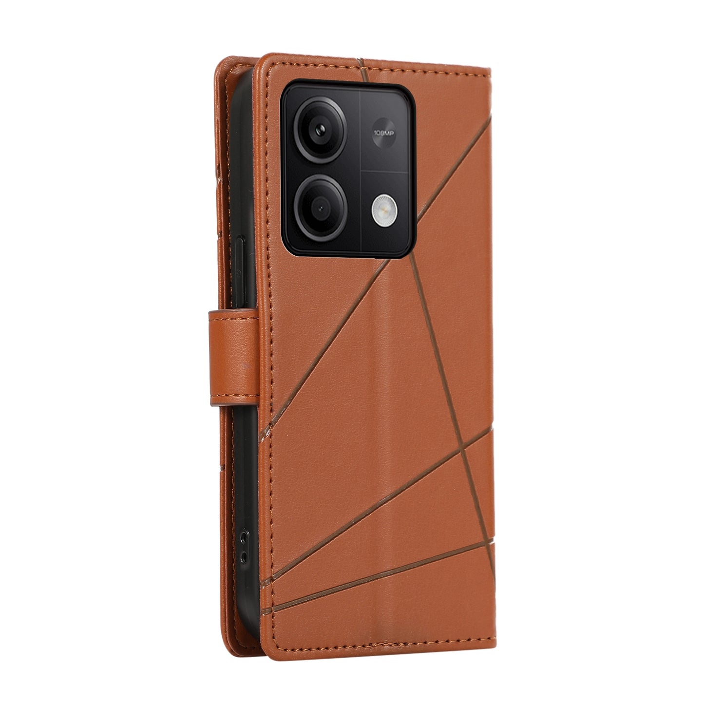 Xiaomi Redmi Note 13 5G PU Genuine Leather Texture Embossed Line Phone Case with Card Wallet, Kickstand & Wrist Strap
