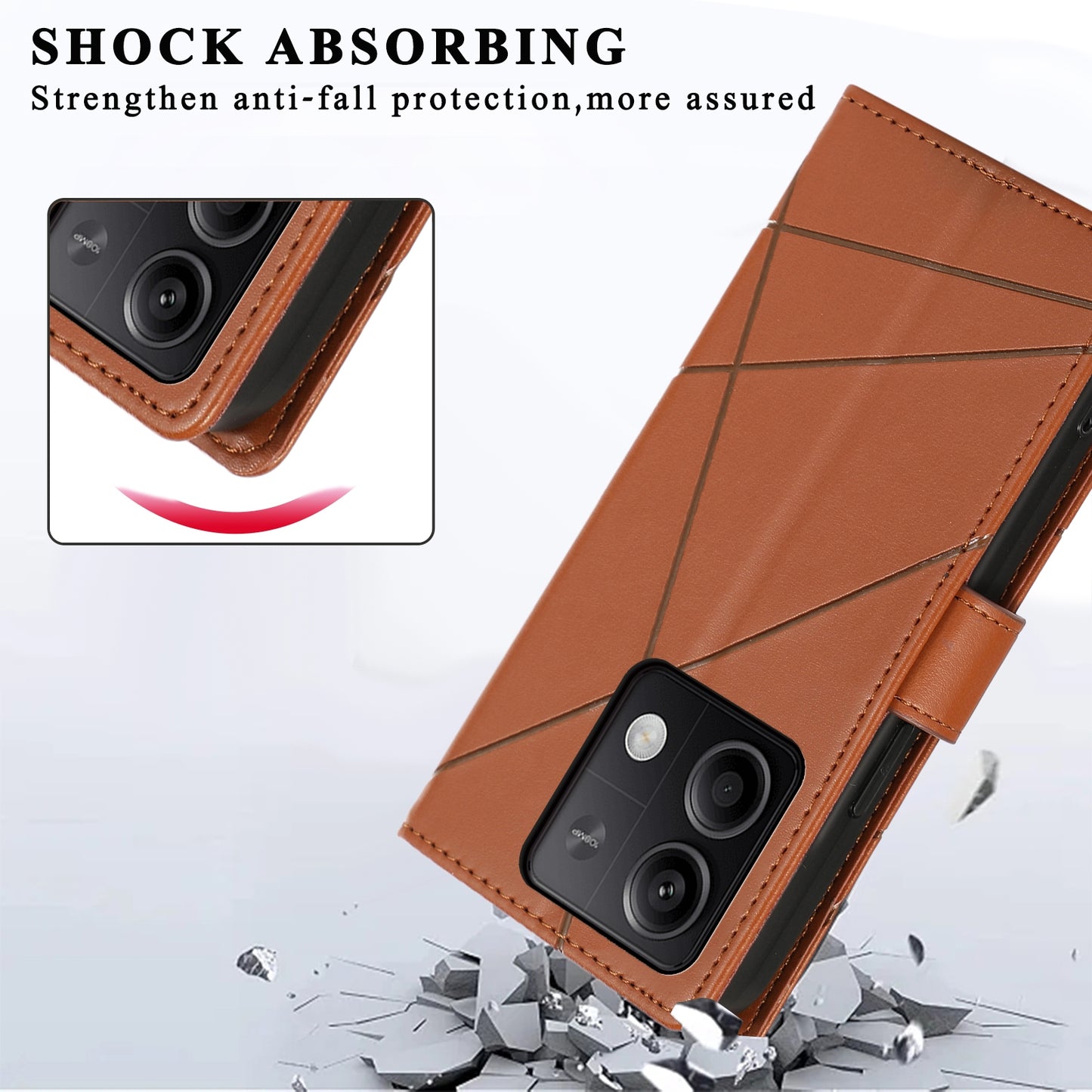 Xiaomi Redmi Note 13 5G PU Genuine Leather Texture Embossed Line Phone Case with Card Wallet, Kickstand & Wrist Strap