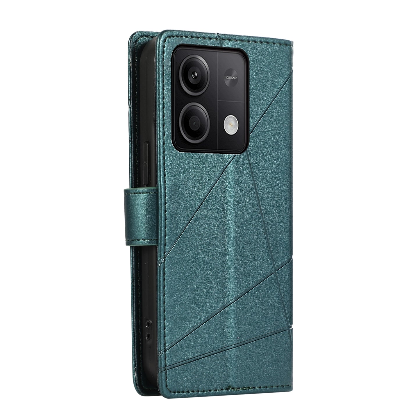 Xiaomi Redmi Note 13 5G PU Genuine Leather Texture Embossed Line Phone Case with Card Wallet, Kickstand & Wrist Strap