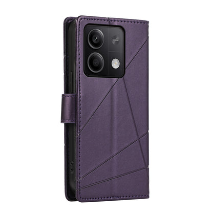 Xiaomi Redmi Note 13 5G PU Genuine Leather Texture Embossed Line Phone Case with Card Wallet, Kickstand & Wrist Strap