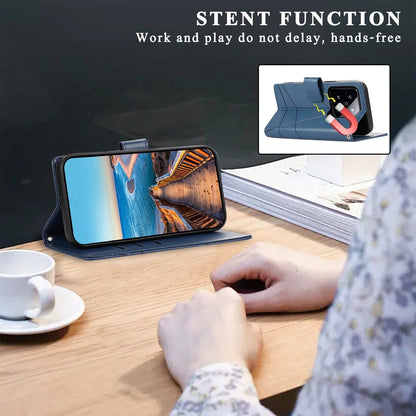 Xiaomi 14 Pro PU Genuine Leather Texture Embossed Line Phone Case with Card Wallet, Kickstand & Wrist Strap