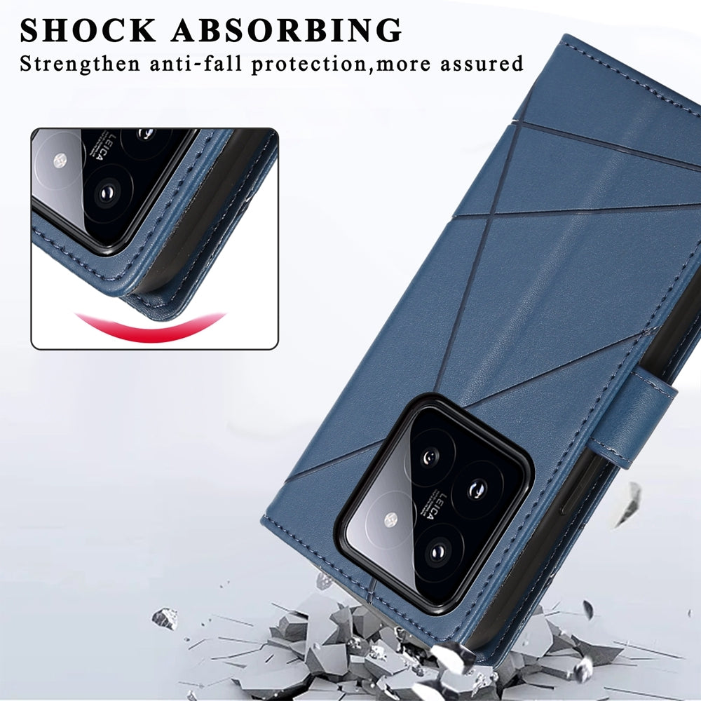 Xiaomi 14 Pro PU Genuine Leather Texture Embossed Line Phone Case with Card Wallet, Kickstand & Wrist Strap