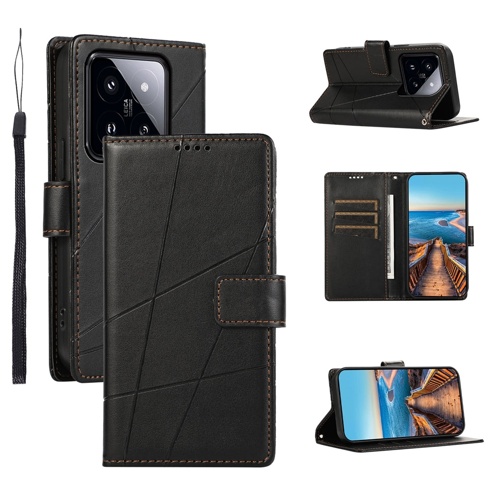 Xiaomi 14 Pro PU Genuine Leather Texture Embossed Line Phone Case with Card Wallet, Kickstand & Wrist Strap