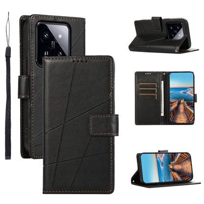 Xiaomi 14 Pro PU Genuine Leather Texture Embossed Line Phone Case with Card Wallet, Kickstand & Wrist Strap
