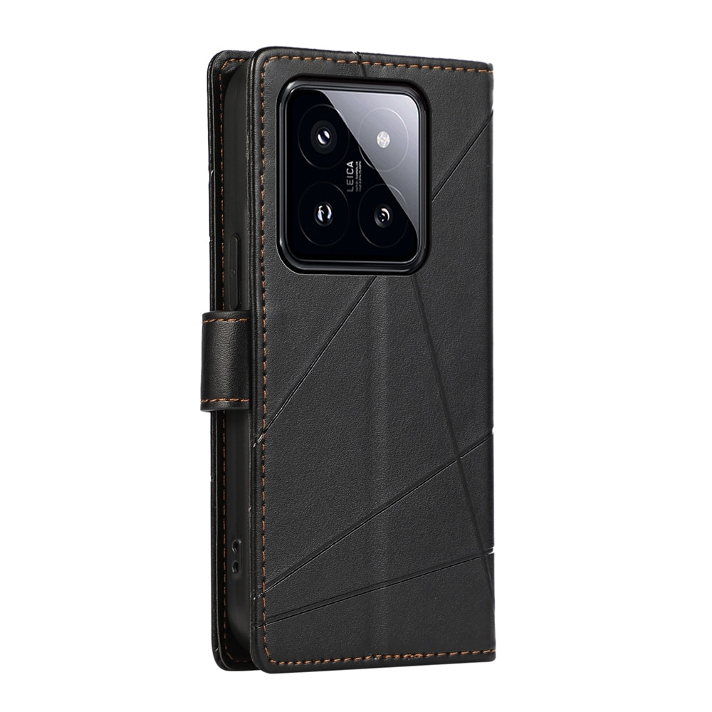 Xiaomi 14 Pro PU Genuine Leather Texture Embossed Line Phone Case with Card Wallet, Kickstand & Wrist Strap