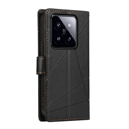 Xiaomi 14 Pro PU Genuine Leather Texture Embossed Line Phone Case with Card Wallet, Kickstand & Wrist Strap