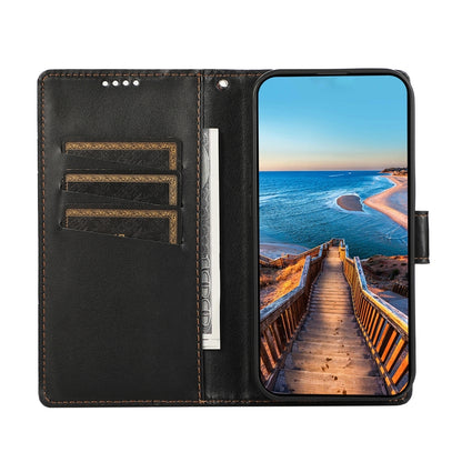 Xiaomi 14 Pro PU Genuine Leather Texture Embossed Line Phone Case with Card Wallet, Kickstand & Wrist Strap
