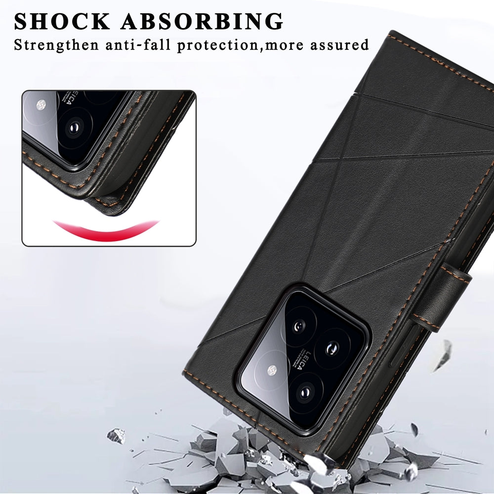 Xiaomi 14 Pro PU Genuine Leather Texture Embossed Line Phone Case with Card Wallet, Kickstand & Wrist Strap