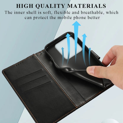 Xiaomi 14 Pro PU Genuine Leather Texture Embossed Line Phone Case with Card Wallet, Kickstand & Wrist Strap