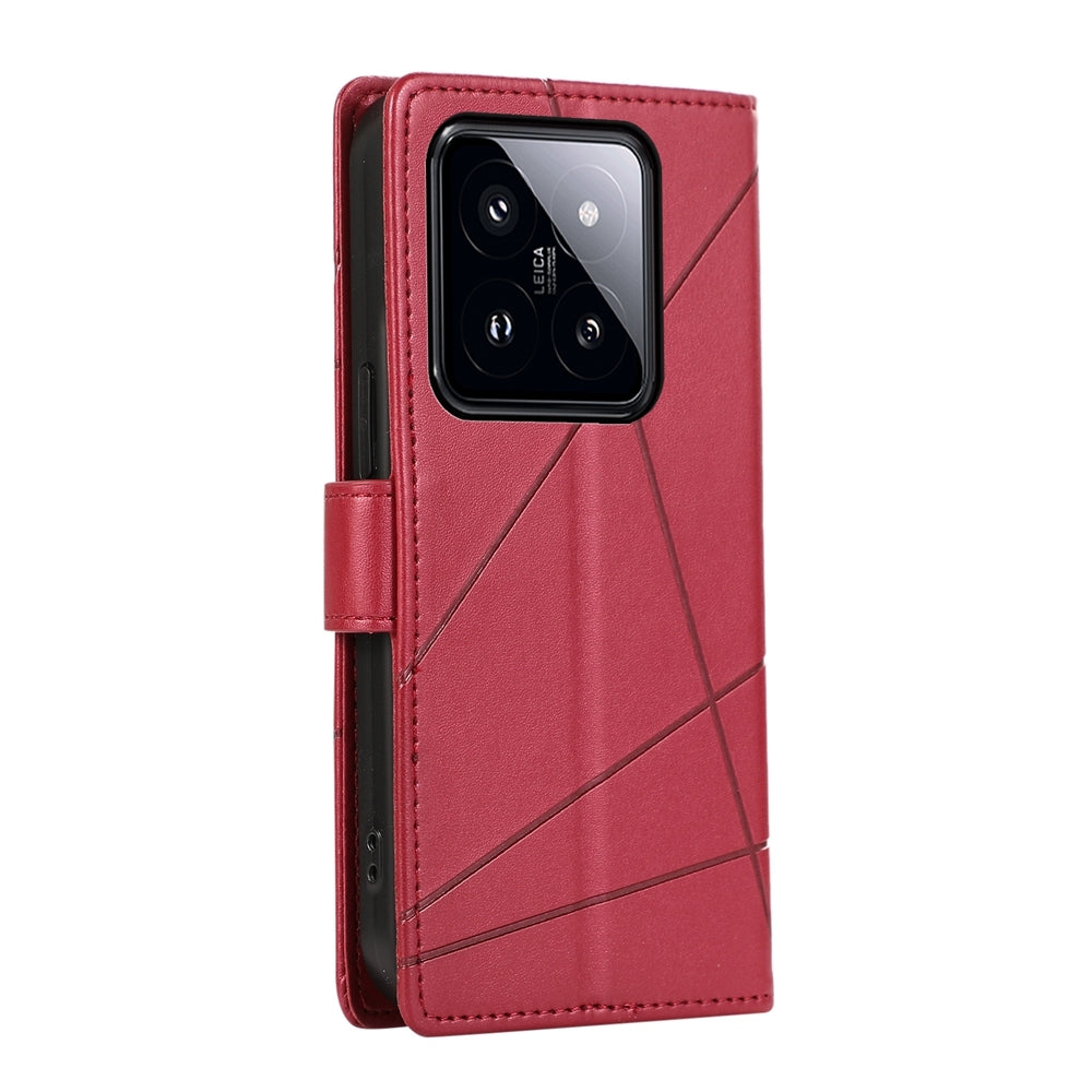 Xiaomi 14 Pro PU Genuine Leather Texture Embossed Line Phone Case with Card Wallet, Kickstand & Wrist Strap