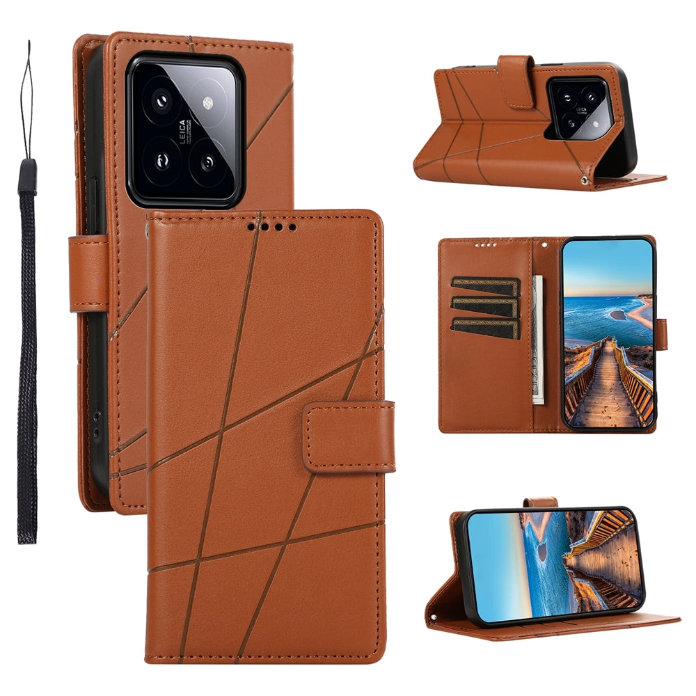 Xiaomi 14 Pro PU Genuine Leather Texture Embossed Line Phone Case with Card Wallet, Kickstand & Wrist Strap