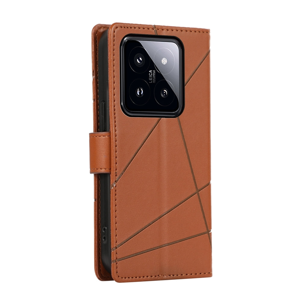Xiaomi 14 Pro PU Genuine Leather Texture Embossed Line Phone Case with Card Wallet, Kickstand & Wrist Strap