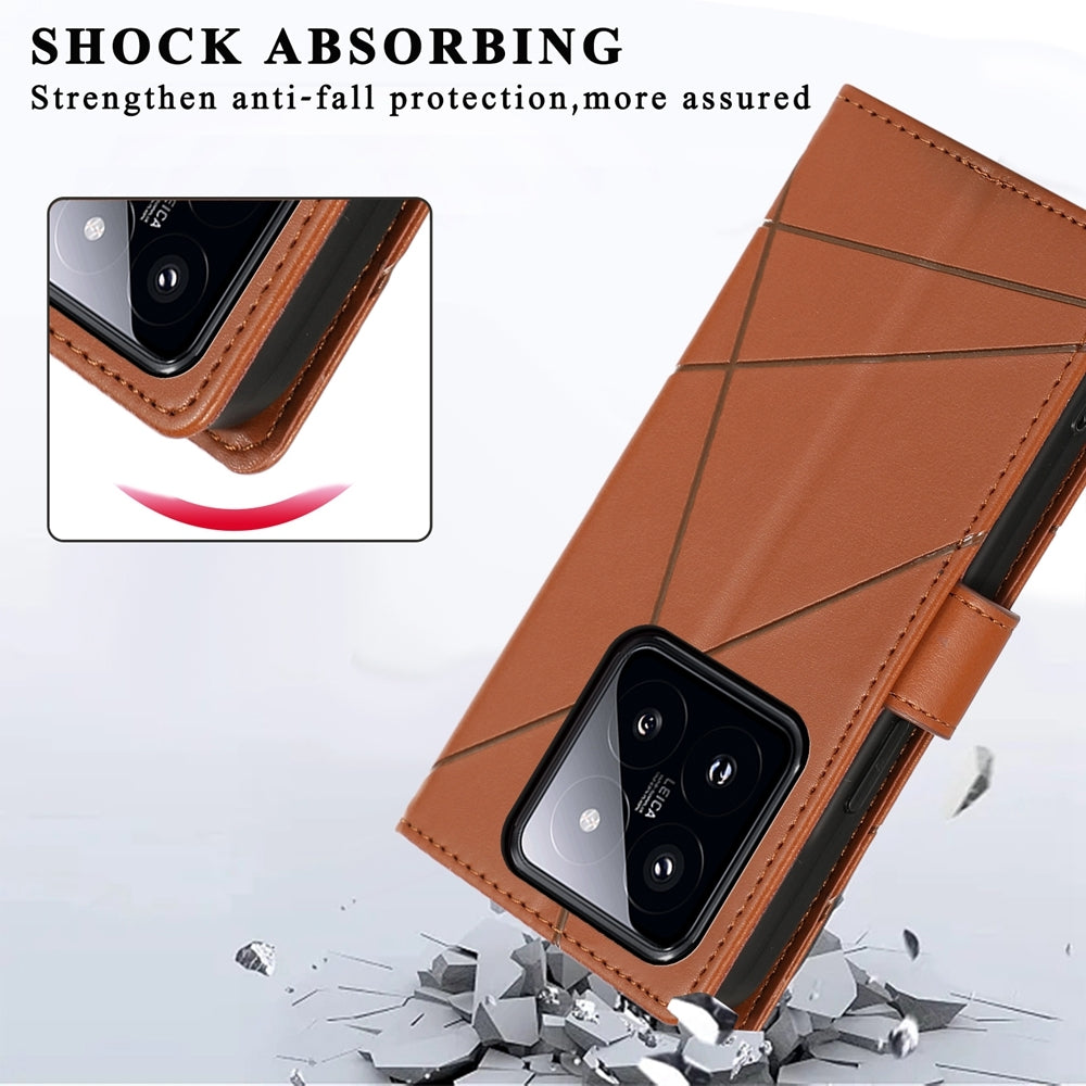 Xiaomi 14 Pro PU Genuine Leather Texture Embossed Line Phone Case with Card Wallet, Kickstand & Wrist Strap