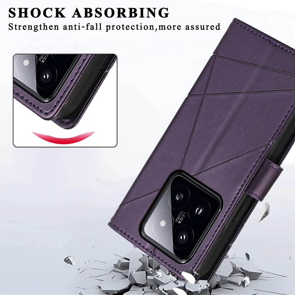 Xiaomi 14 Pro PU Genuine Leather Texture Embossed Line Phone Case with Card Wallet, Kickstand & Wrist Strap