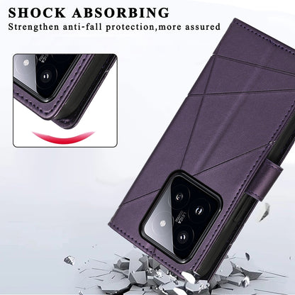 Xiaomi 14 Pro PU Genuine Leather Texture Embossed Line Phone Case with Card Wallet, Kickstand & Wrist Strap