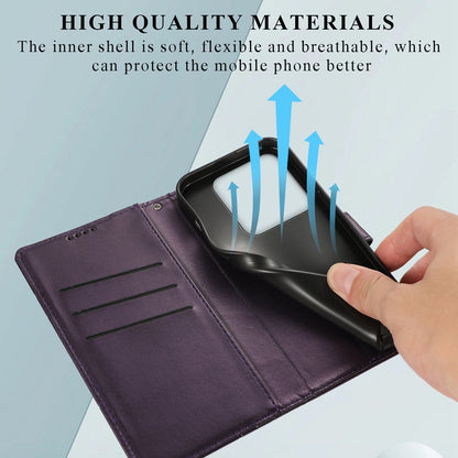 Xiaomi 14 Pro PU Genuine Leather Texture Embossed Line Phone Case with Card Wallet, Kickstand & Wrist Strap