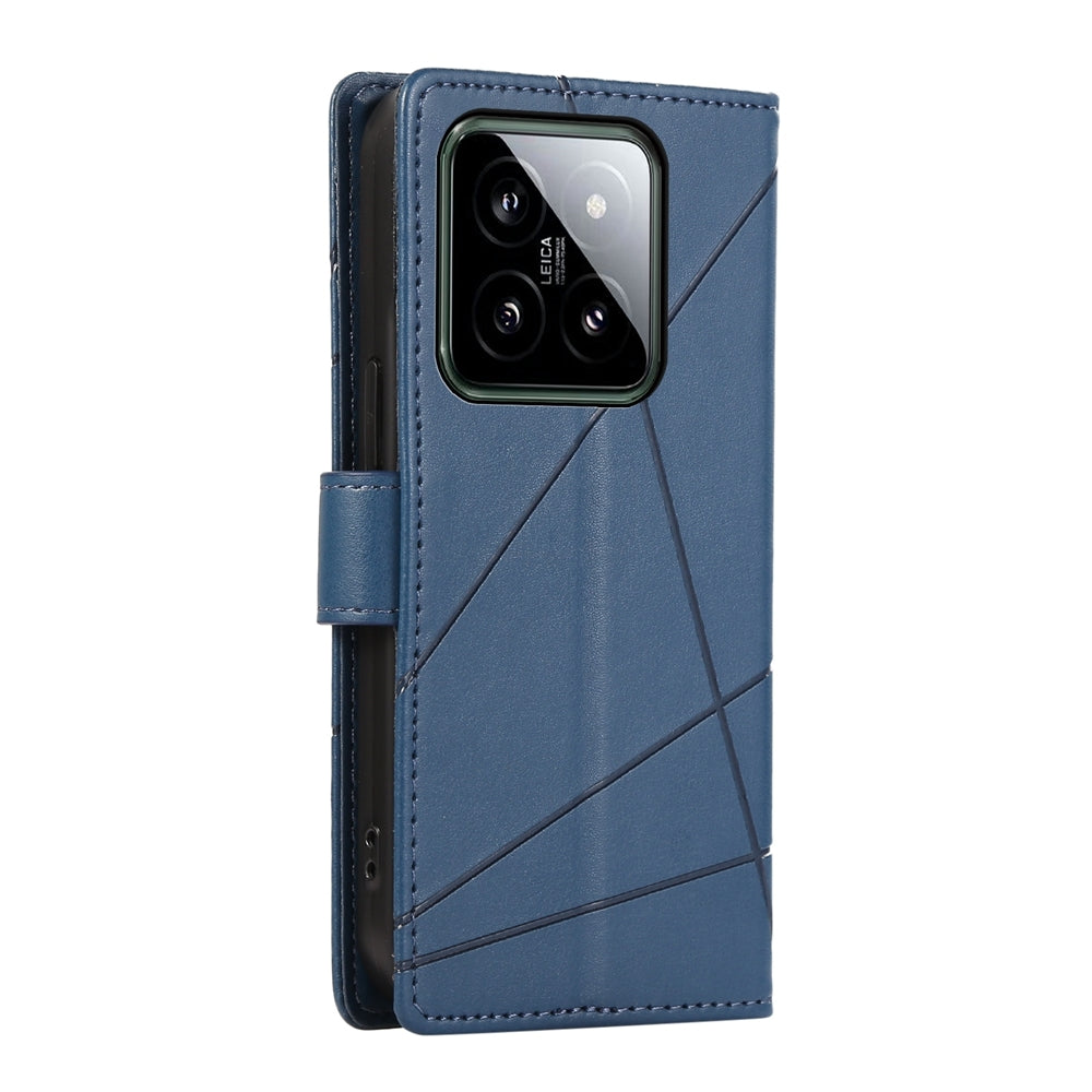 Xiaomi 14 PU Genuine Leather Texture Embossed Line Phone Case with Card Wallet, Kickstand & Wrist Strap
