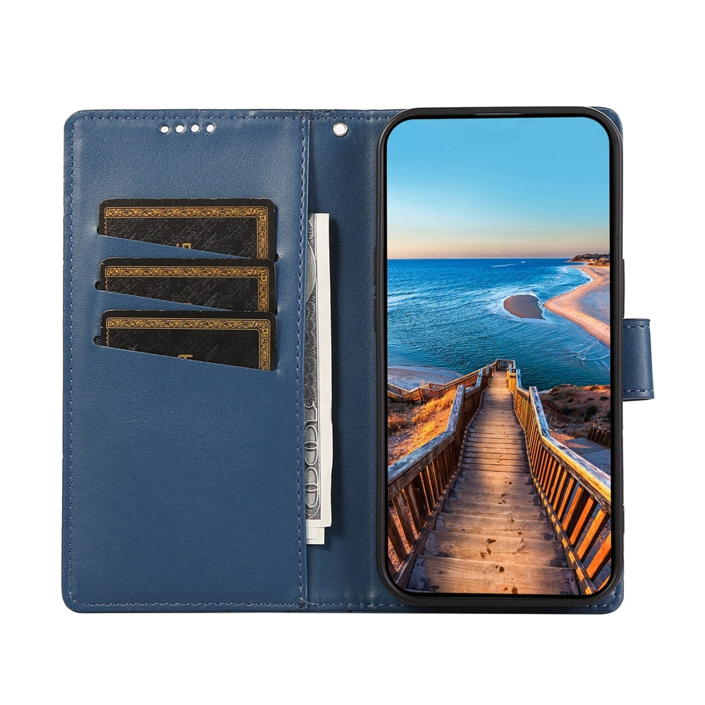 Xiaomi 14 PU Genuine Leather Texture Embossed Line Phone Case with Card Wallet, Kickstand & Wrist Strap